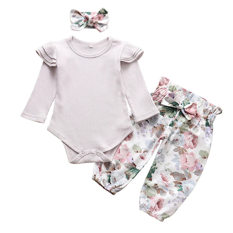 Baby Girl Newborn Clothes Set Fashion Autumn Toddler Outfit Solid Color Romper Pants Headband Little New Born Infant Clothing