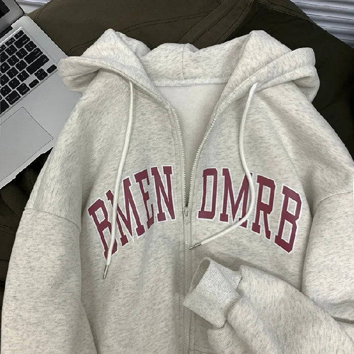 Women Autumn‑Winter Fleece‑Lined Thick Zip‑Up Letter‑Print Hooded Sweatshirt Jacket Lady Casual Fashion Loose Cardigan Outerwear