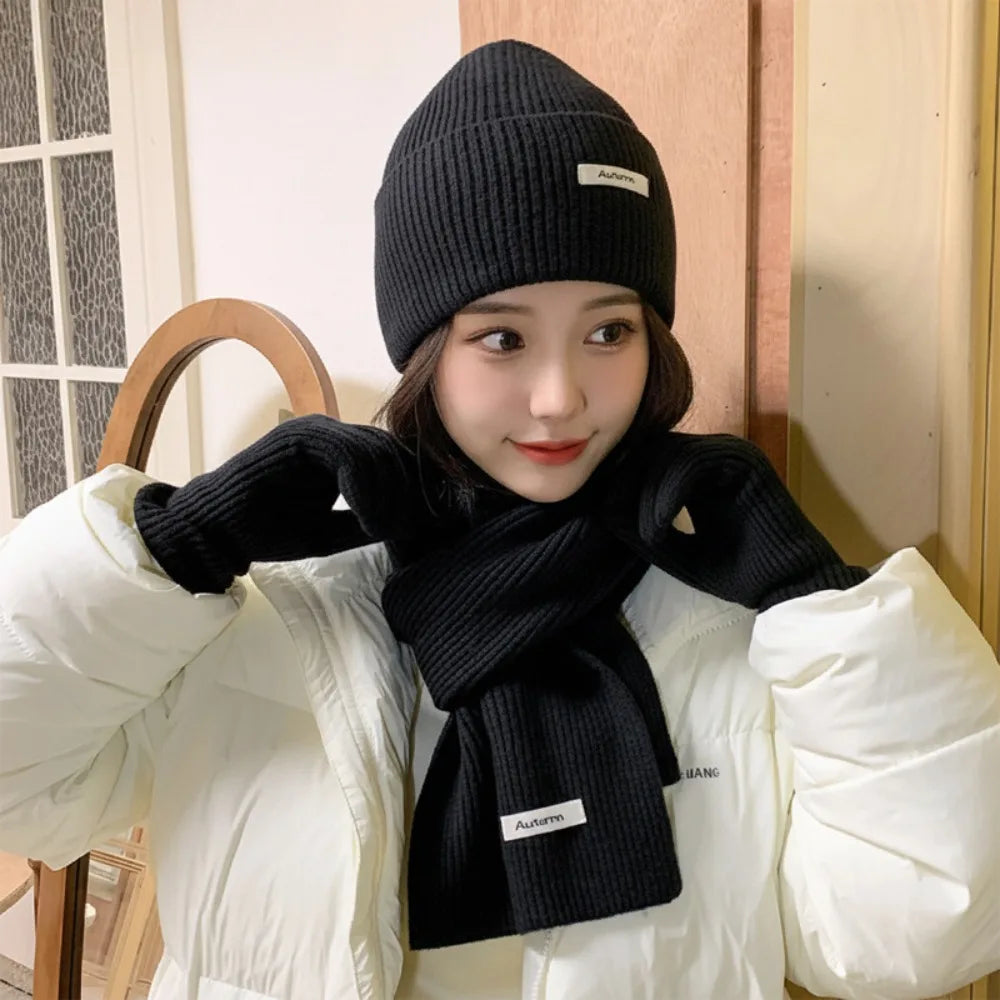Red Hat Scarf Gloves Set Warm Cotton Thickened Knitted Woolen Cap Ear Protection New Year Winter Beanie Hats Christmas Gift