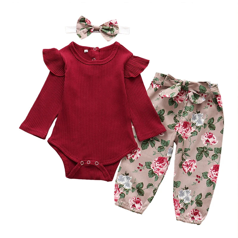 Baby Girl Newborn Clothes Set Fashion Autumn Toddler Outfit Solid Color Romper Pants Headband Little New Born Infant Clothing