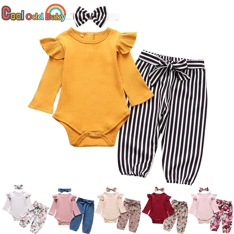 Baby Girl Newborn Clothes Set Fashion Autumn Toddler Outfit Solid Color Romper Pants Headband Little New Born Infant Clothing