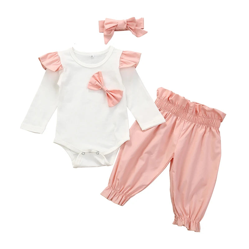 Baby Girl Newborn Clothes Set Fashion Autumn Toddler Outfit Solid Color Romper Pants Headband Little New Born Infant Clothing
