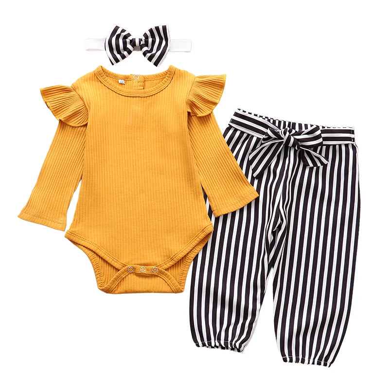 Baby Girl Newborn Clothes Set Fashion Autumn Toddler Outfit Solid Color Romper Pants Headband Little New Born Infant Clothing