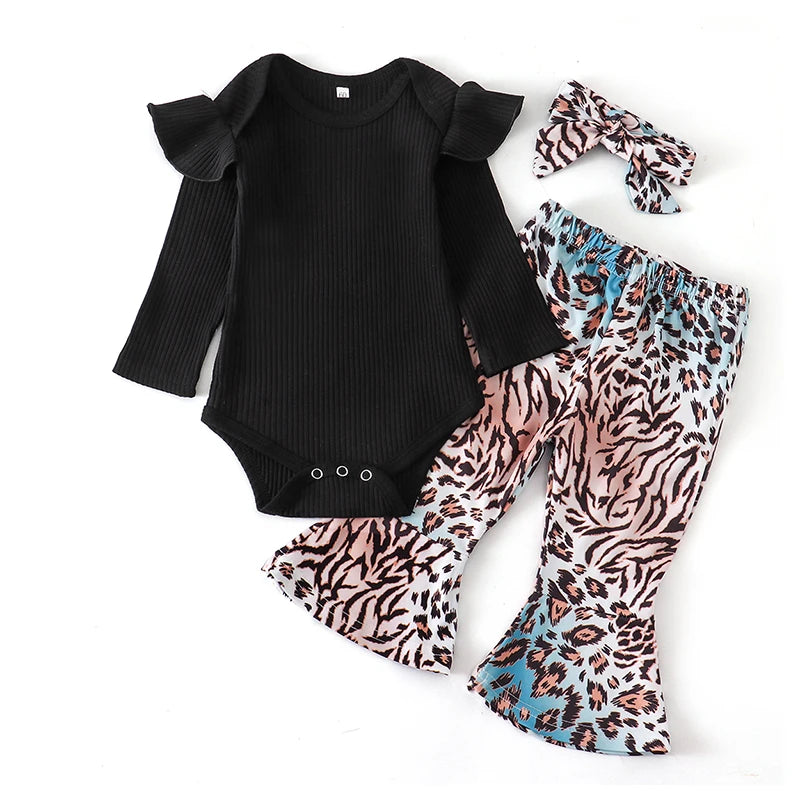 Baby Girl Newborn Clothes Set Fashion Autumn Toddler Outfit Solid Color Romper Pants Headband Little New Born Infant Clothing