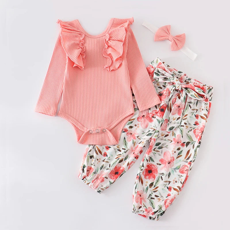 Baby Girl Newborn Clothes Set Fashion Autumn Toddler Outfit Solid Color Romper Pants Headband Little New Born Infant Clothing
