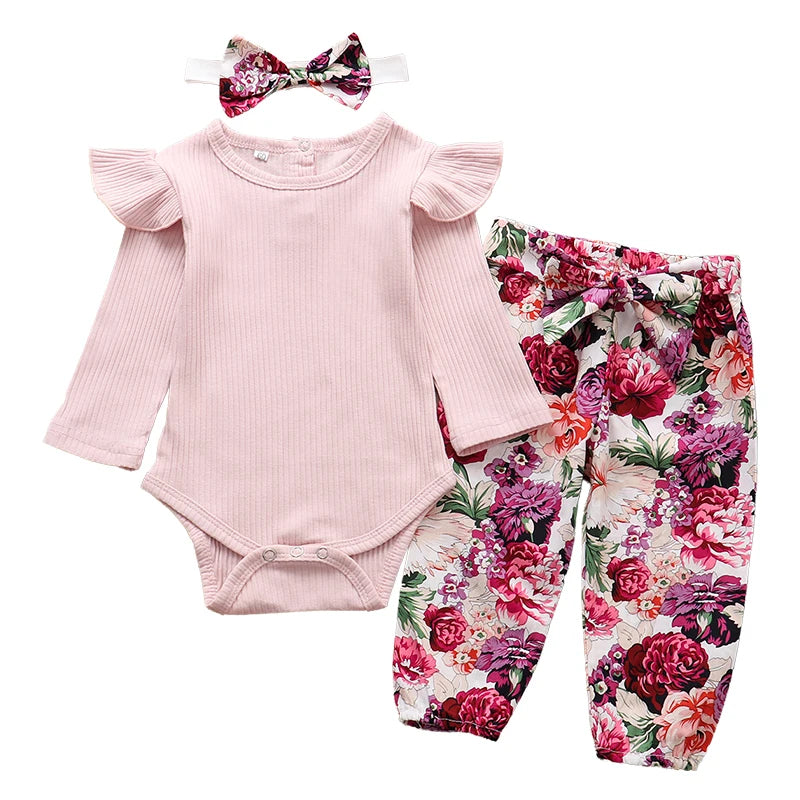 Baby Girl Newborn Clothes Set Fashion Autumn Toddler Outfit Solid Color Romper Pants Headband Little New Born Infant Clothing