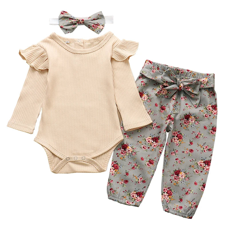 Baby Girl Newborn Clothes Set Fashion Autumn Toddler Outfit Solid Color Romper Pants Headband Little New Born Infant Clothing