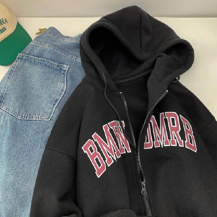 Women Autumn‑Winter Fleece‑Lined Thick Zip‑Up Letter‑Print Hooded Sweatshirt Jacket Lady Casual Fashion Loose Cardigan Outerwear