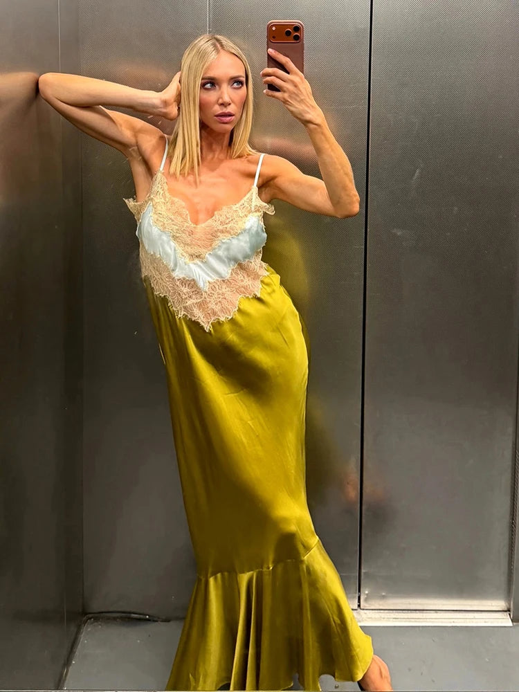 Retro Chic Color Block Lace Trim Slip Dress Women Sexy V Neck Satin Dress Loose Knit Sweater Lady Elegant Evening Party Outfit