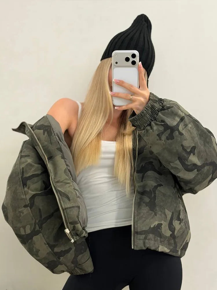 Women Camo Print Cropped Puffer Jacket Hooded Half Zip High Neck Elastic Cuff 2026 Winter Streetwear Short Chic Women Outerwear