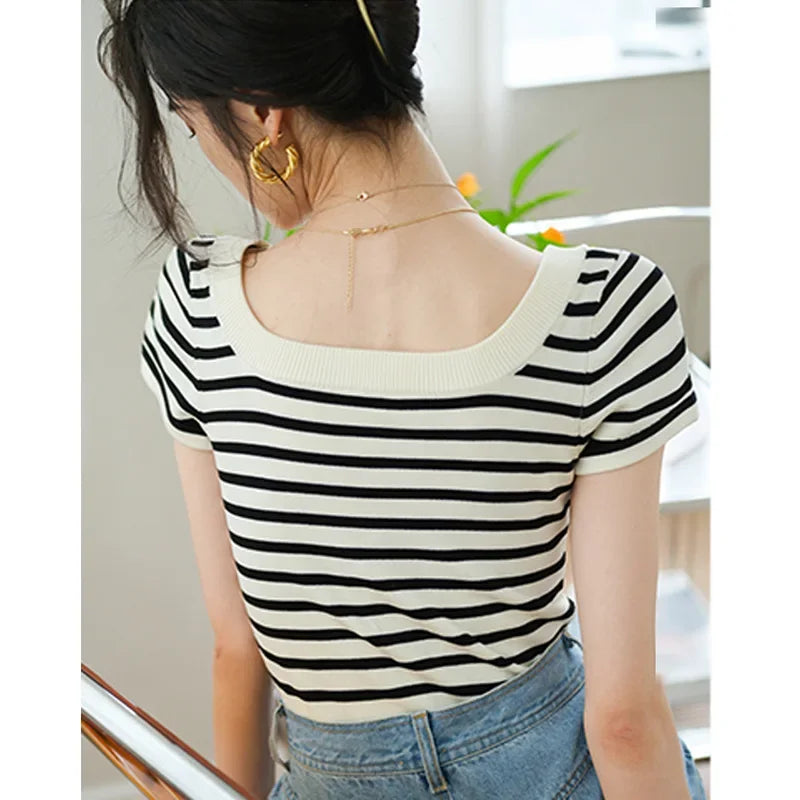 2026 large U-neck striped ice silk knitted short-sleeved T-shirt women's exposed collarbone thin top slim-fitting short