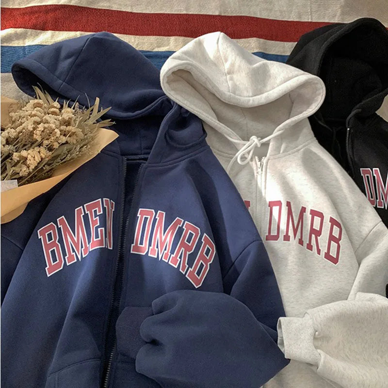 Women Autumn‑Winter Fleece‑Lined Thick Zip‑Up Letter‑Print Hooded Sweatshirt Jacket Lady Casual Fashion Loose Cardigan Outerwear