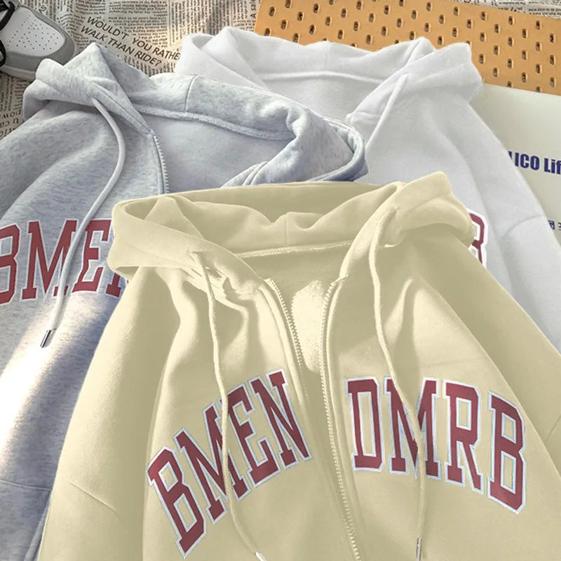 Women Autumn‑Winter Fleece‑Lined Thick Zip‑Up Letter‑Print Hooded Sweatshirt Jacket Lady Casual Fashion Loose Cardigan Outerwear