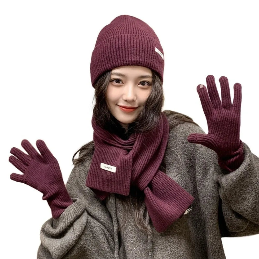 Red Hat Scarf Gloves Set Warm Cotton Thickened Knitted Woolen Cap Ear Protection New Year Winter Beanie Hats Christmas Gift