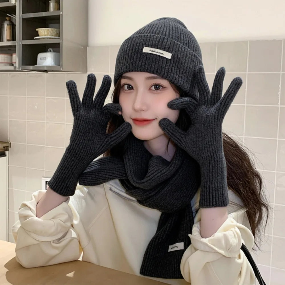 Red Hat Scarf Gloves Set Warm Cotton Thickened Knitted Woolen Cap Ear Protection New Year Winter Beanie Hats Christmas Gift