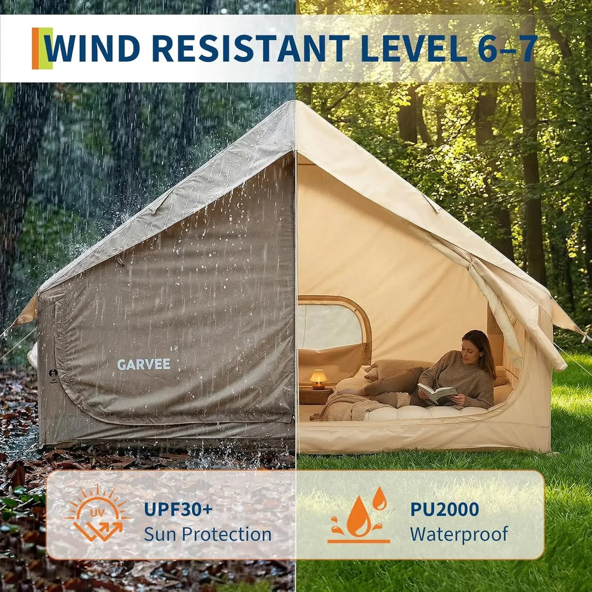 Garvee 6㎡ Inflatable Camping Tent with Stove Jack TPU Skylight Oxford 4 Season Waterproof Luxury Glamping Air Cabin Tent 4 people