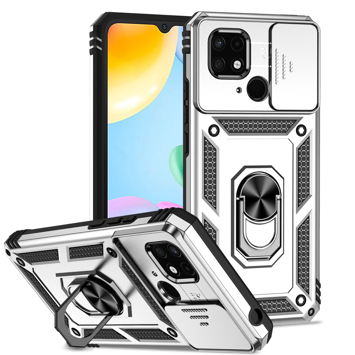 Luxury Armor Case for Redmi 10 9A 9C 10 10A 11A 10C 12 12C 13C 14C 15C A1 Plus Ring Holder Slide Lens Stand  Cover Shockproof