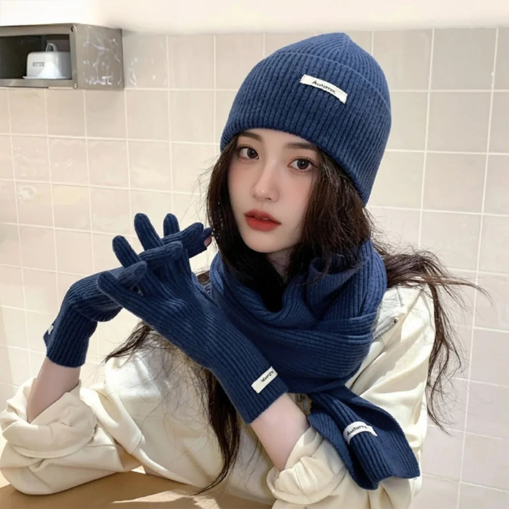 Red Hat Scarf Gloves Set Warm Cotton Thickened Knitted Woolen Cap Ear Protection New Year Winter Beanie Hats Christmas Gift