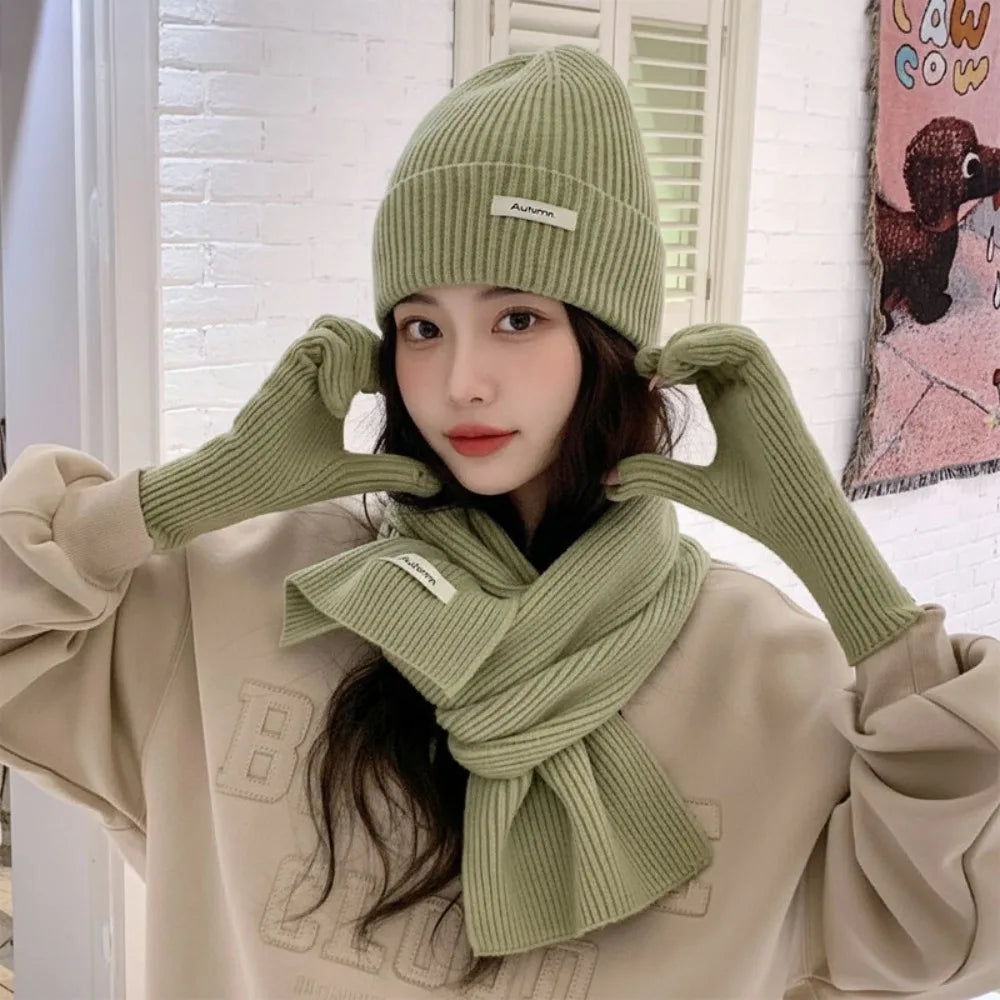 Red Hat Scarf Gloves Set Warm Cotton Thickened Knitted Woolen Cap Ear Protection New Year Winter Beanie Hats Christmas Gift