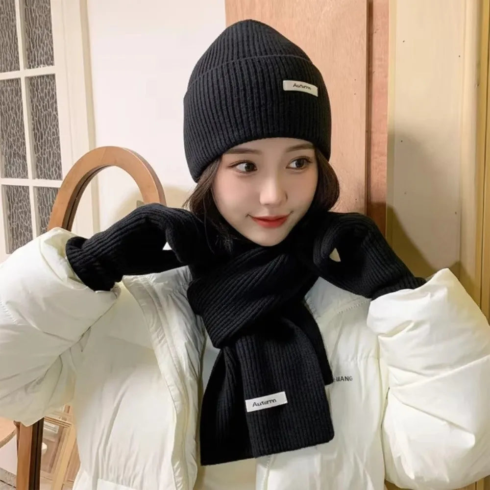 Red Hat Scarf Gloves Set Warm Cotton Thickened Knitted Woolen Cap Ear Protection New Year Winter Beanie Hats Christmas Gift