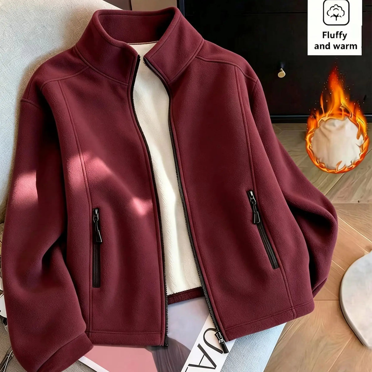Women Thickened Fleece Pocket Jacket For Fall Winter Outdoor Fashionable Warm Lined Hooded Full Zipper Long Sleeve Casual Coat