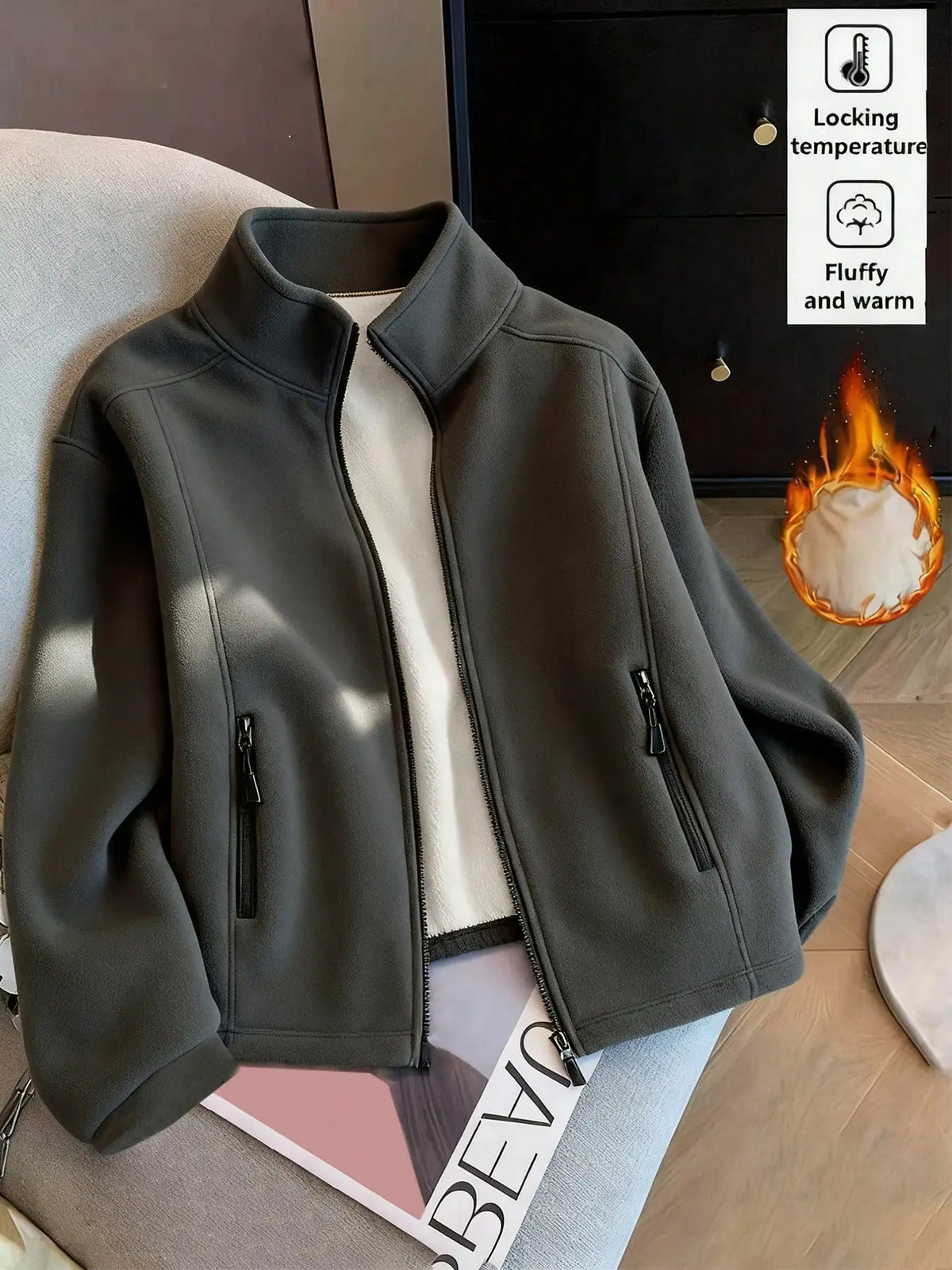 Women Thickened Fleece Pocket Jacket For Fall Winter Outdoor Fashionable Warm Lined Hooded Full Zipper Long Sleeve Casual Coat