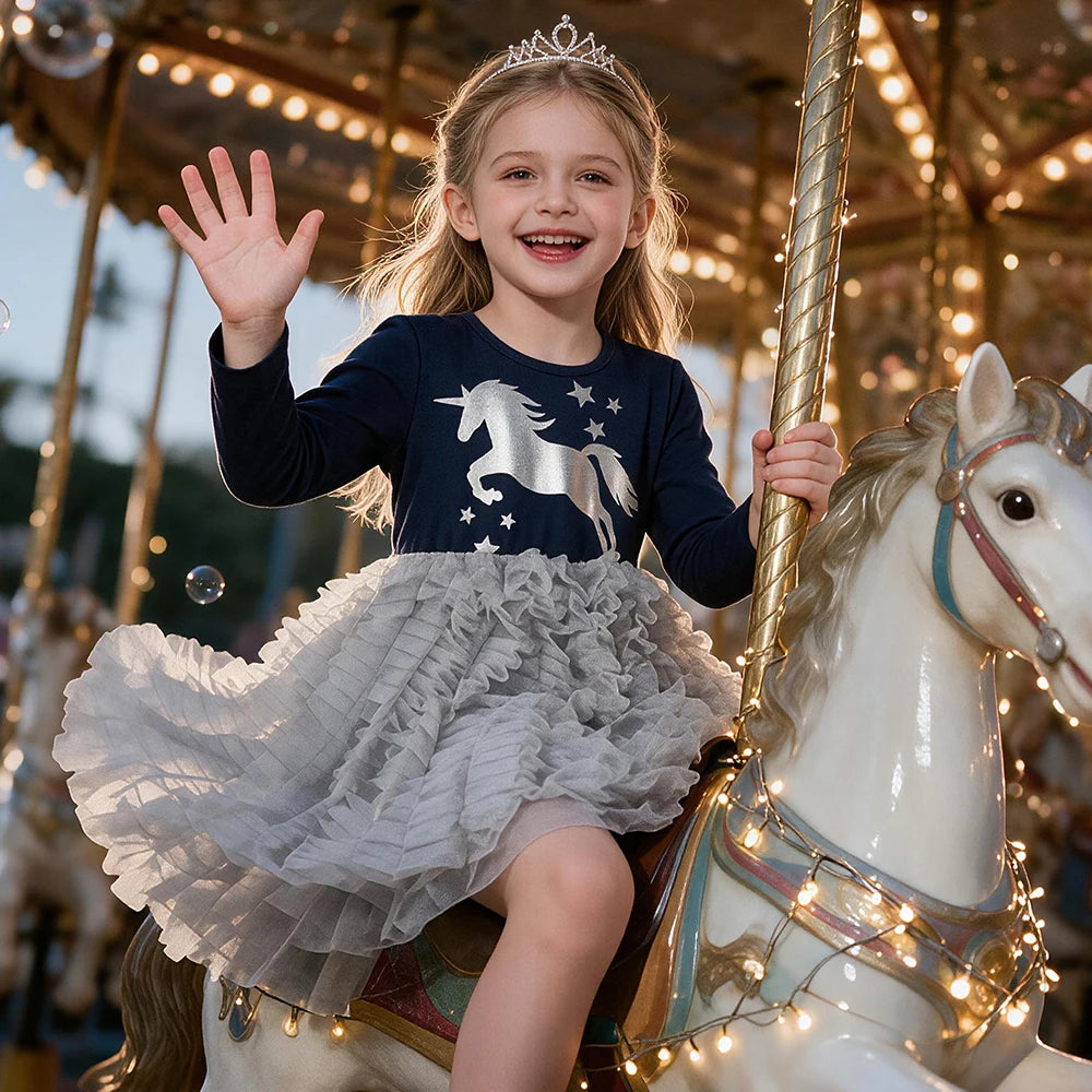 VIKITA Kids Unicorn Dresses for Girls Birthday Party Prom Gown Princess Dress Kids Long Sleeve Spring Autumn Dress Girl Clothes