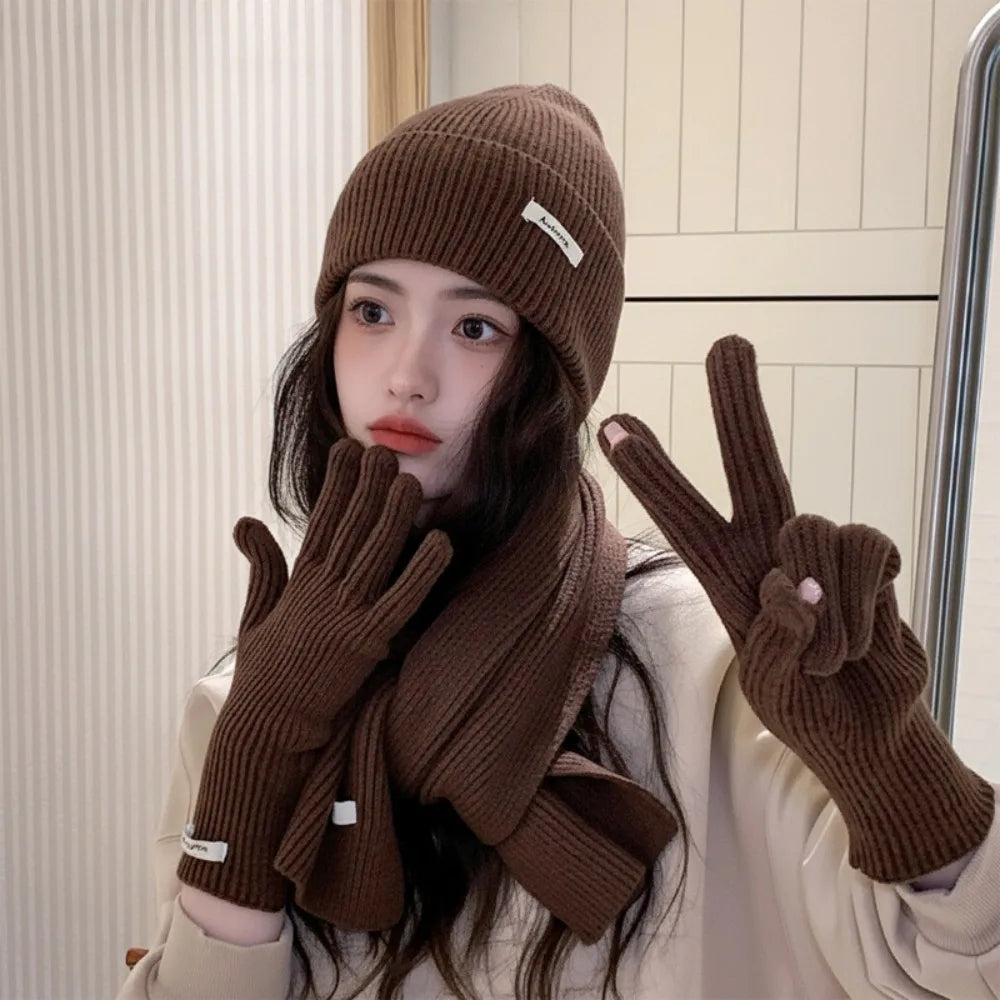 Red Hat Scarf Gloves Set Warm Cotton Thickened Knitted Woolen Cap Ear Protection New Year Winter Beanie Hats Christmas Gift