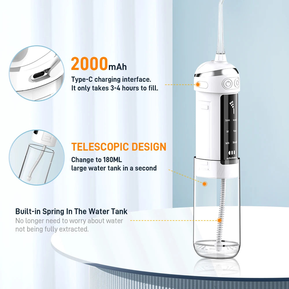 Schoben Water Flossers for Teeth 180ML Oral Irrigator Rechargeable Portable Dental 6 Modes Water Tank Waterproof Teeth Cleaner