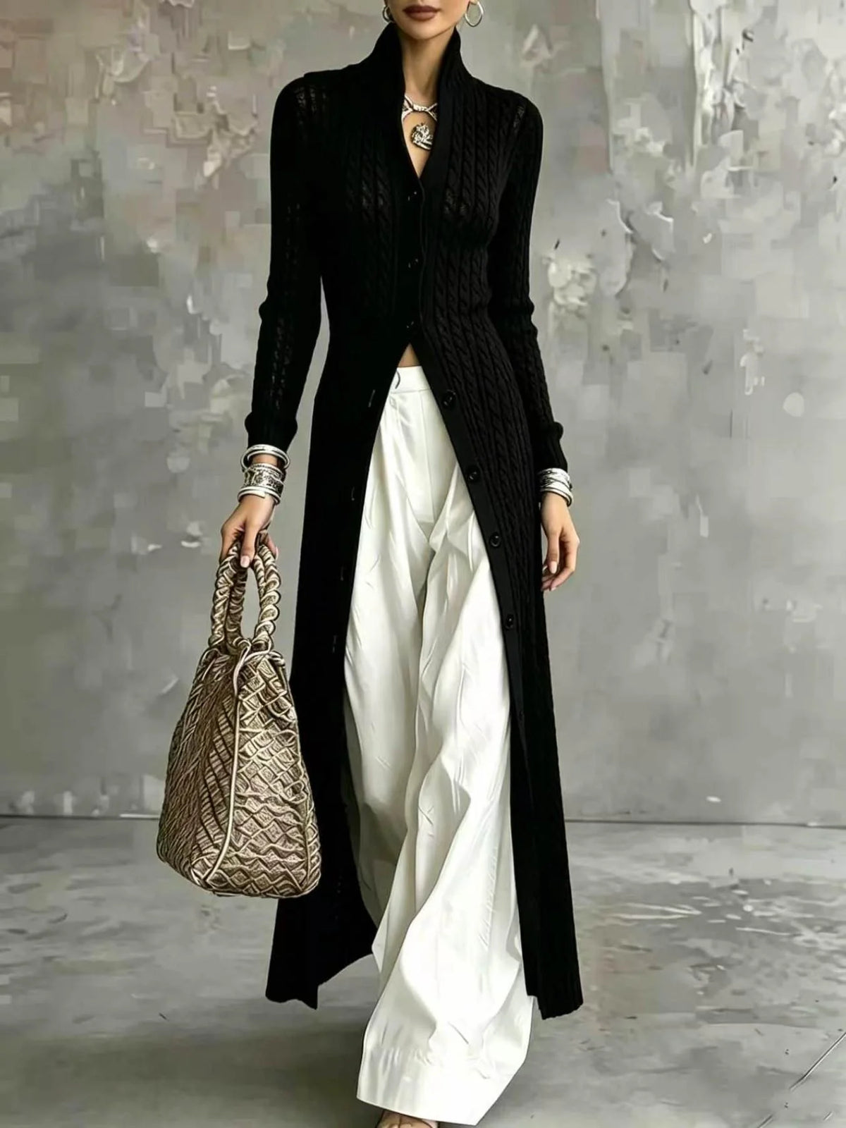 Women's Long Black Knit Cardigan Autumn Winter 2026 High Neck Open Front Oversized Cable Knit Sweater Coat Casual Jumper