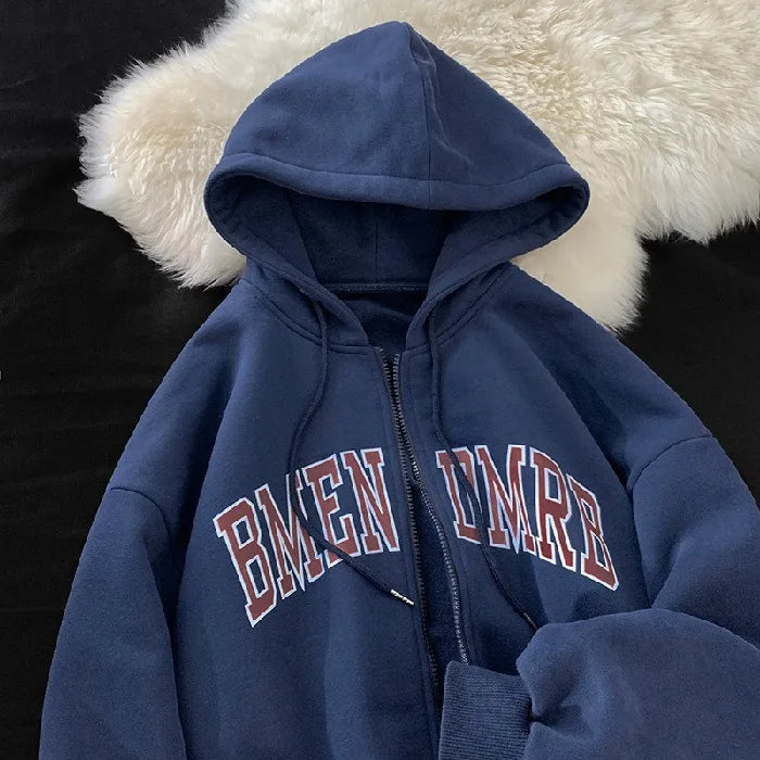 Women Autumn‑Winter Fleece‑Lined Thick Zip‑Up Letter‑Print Hooded Sweatshirt Jacket Lady Casual Fashion Loose Cardigan Outerwear