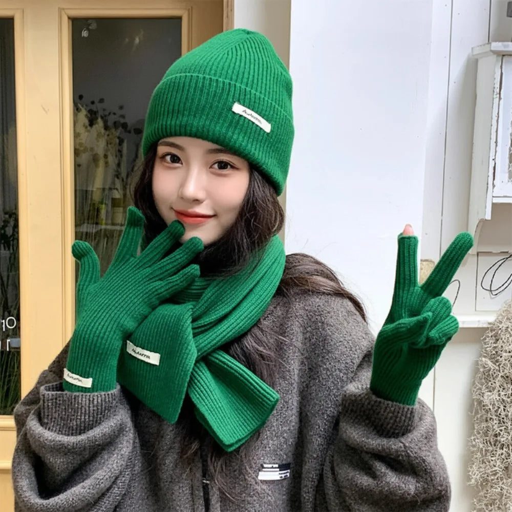 Red Hat Scarf Gloves Set Warm Cotton Thickened Knitted Woolen Cap Ear Protection New Year Winter Beanie Hats Christmas Gift