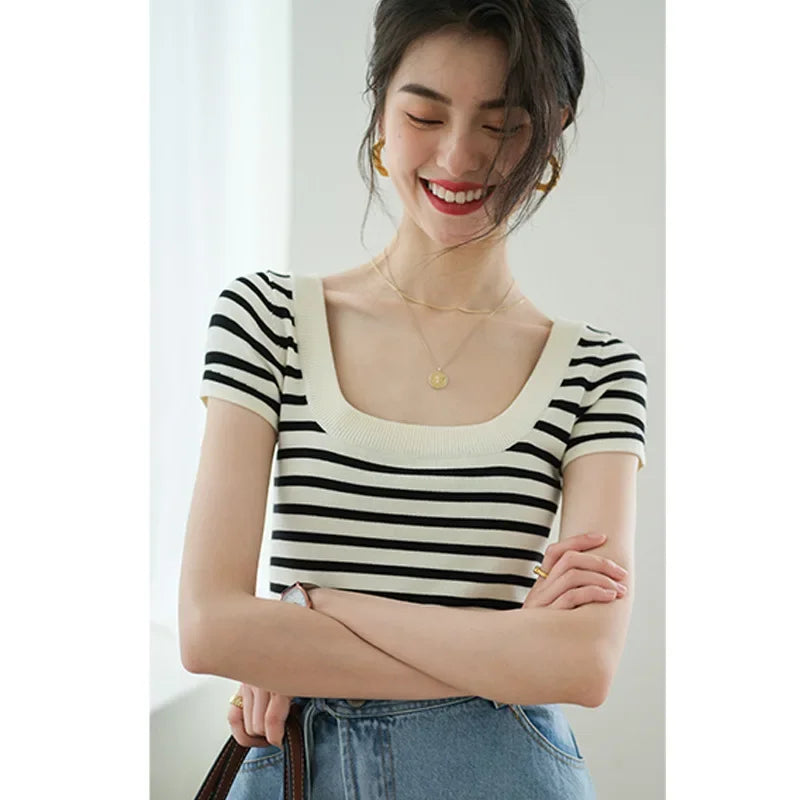 2026 large U-neck striped ice silk knitted short-sleeved T-shirt women's exposed collarbone thin top slim-fitting short