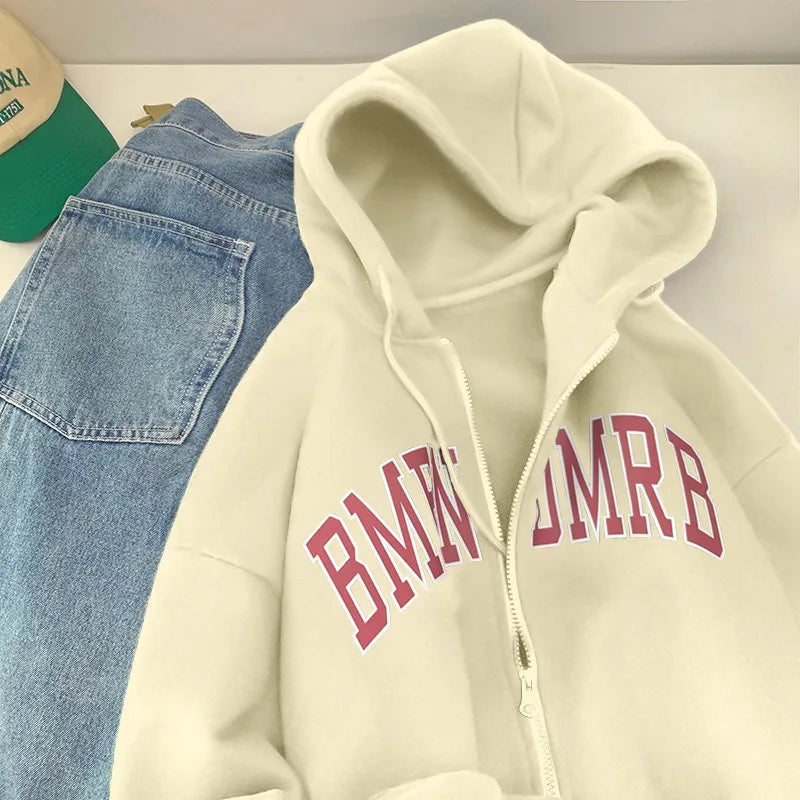 Women Autumn‑Winter Fleece‑Lined Thick Zip‑Up Letter‑Print Hooded Sweatshirt Jacket Lady Casual Fashion Loose Cardigan Outerwear