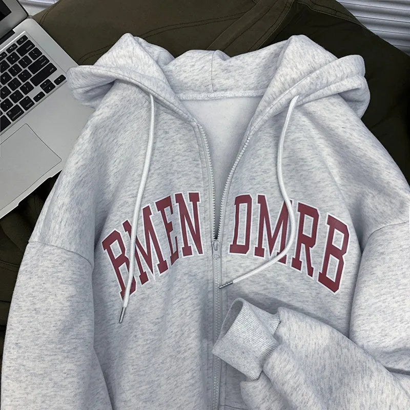 Women Autumn‑Winter Fleece‑Lined Thick Zip‑Up Letter‑Print Hooded Sweatshirt Jacket Lady Casual Fashion Loose Cardigan Outerwear