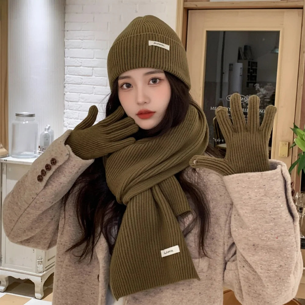 Red Hat Scarf Gloves Set Warm Cotton Thickened Knitted Woolen Cap Ear Protection New Year Winter Beanie Hats Christmas Gift