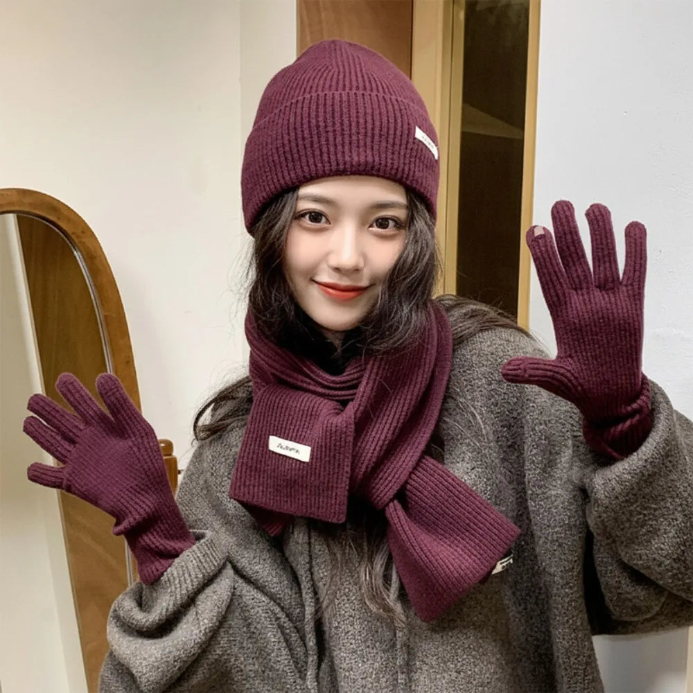 Red Hat Scarf Gloves Set Warm Cotton Thickened Knitted Woolen Cap Ear Protection New Year Winter Beanie Hats Christmas Gift