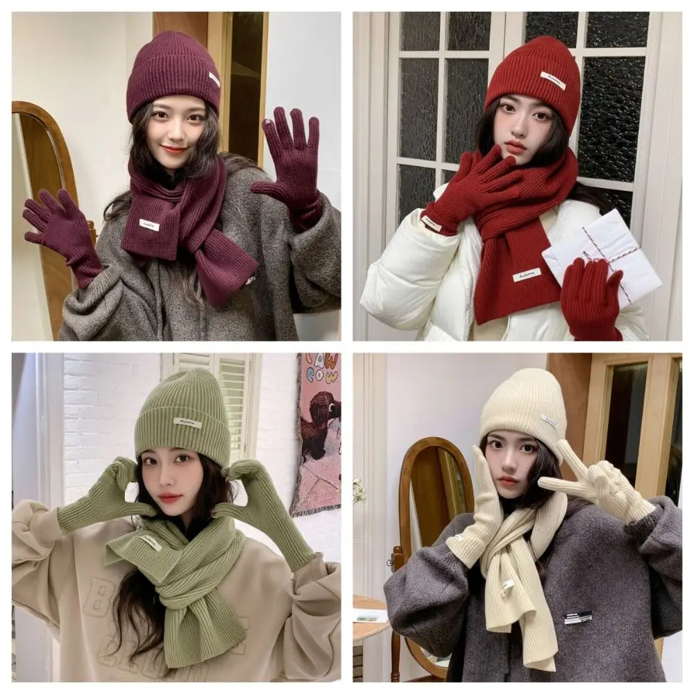 Red Hat Scarf Gloves Set Warm Cotton Thickened Knitted Woolen Cap Ear Protection New Year Winter Beanie Hats Christmas Gift
