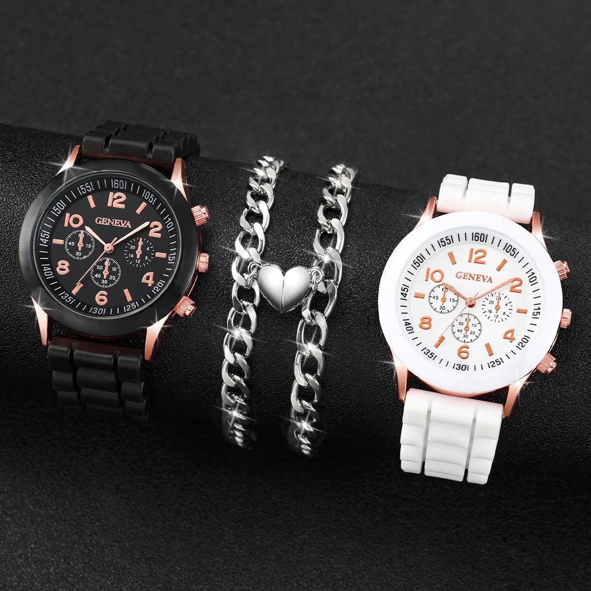 4PCS/Set Couples Watches Fashion Silicone Band Analog Quartz Watch With Heart Bracelets
