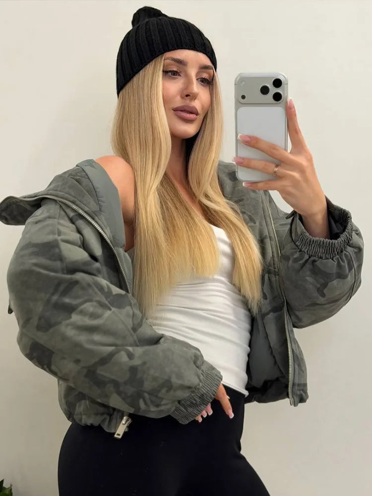 Women Camo Print Cropped Puffer Jacket Hooded Half Zip High Neck Elastic Cuff 2026 Winter Streetwear Short Chic Women Outerwear