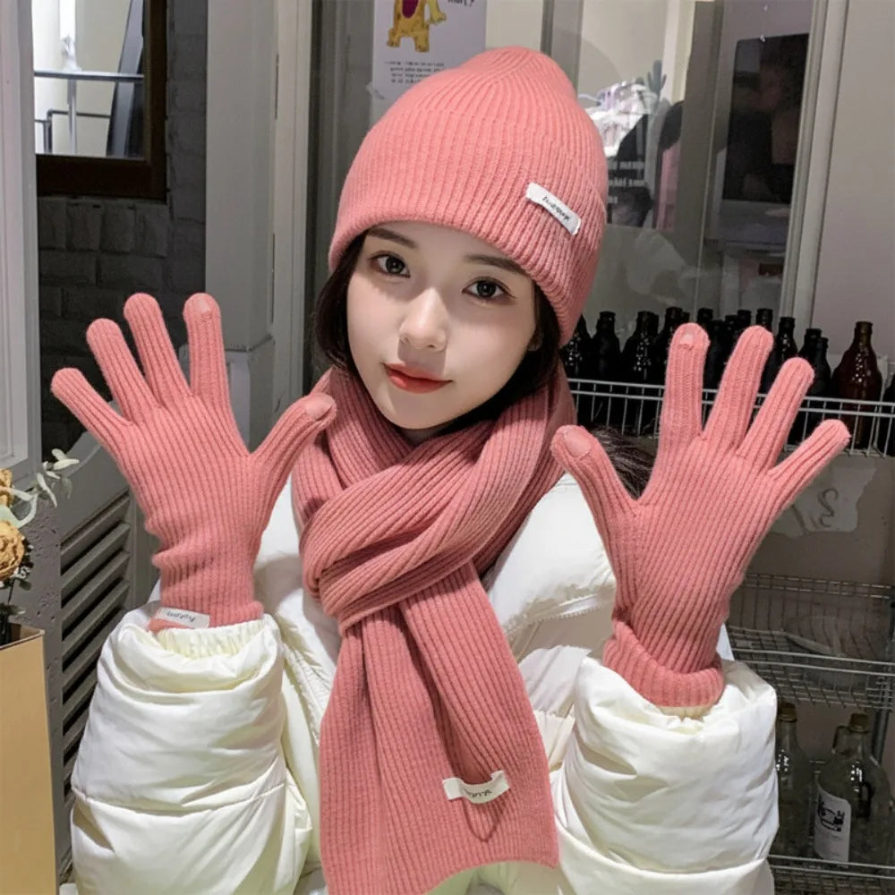 Red Hat Scarf Gloves Set Warm Cotton Thickened Knitted Woolen Cap Ear Protection New Year Winter Beanie Hats Christmas Gift