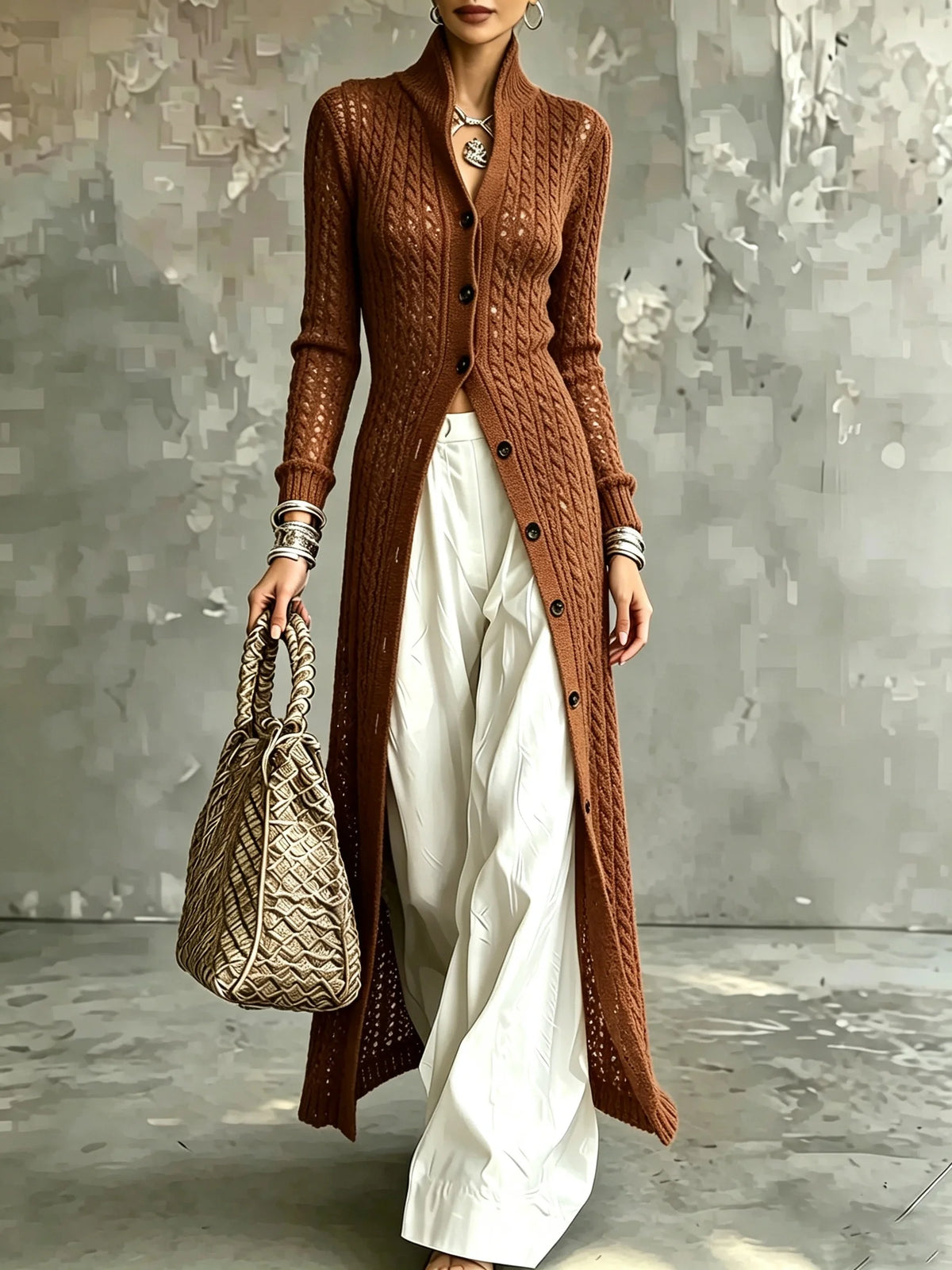 Women's Long Black Knit Cardigan Autumn Winter 2026 High Neck Open Front Oversized Cable Knit Sweater Coat Casual Jumper