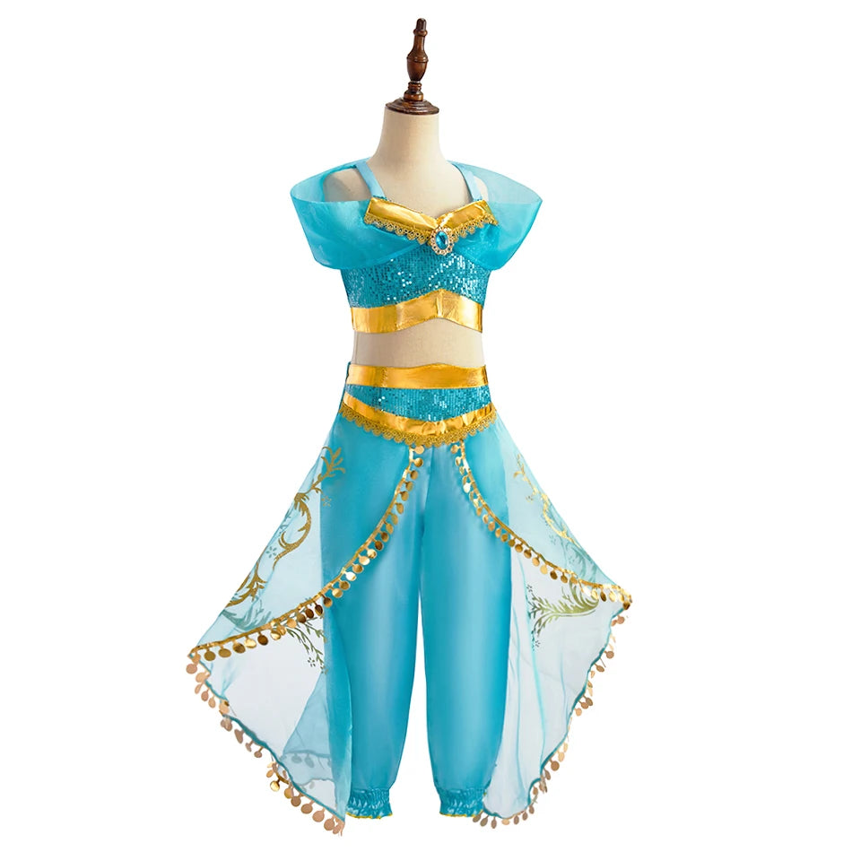 Kids Arabian Princess Dress Girls Halloween Jasmine Costume Children Carnival Cosplay Party Disguise Girl Sequins Pageant Outfit