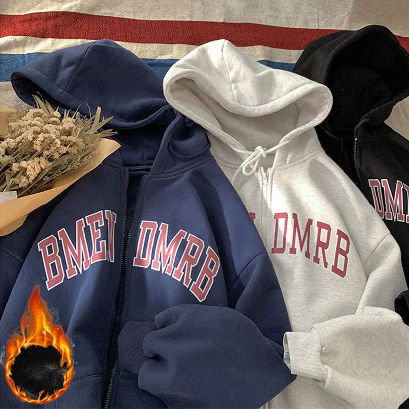 Women Autumn‑Winter Fleece‑Lined Thick Zip‑Up Letter‑Print Hooded Sweatshirt Jacket Lady Casual Fashion Loose Cardigan Outerwear