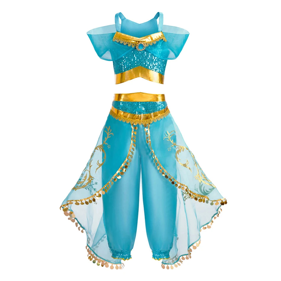 Kids Arabian Princess Dress Girls Halloween Jasmine Costume Children Carnival Cosplay Party Disguise Girl Sequins Pageant Outfit