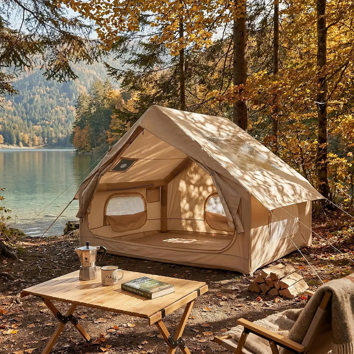 Garvee 6㎡ Inflatable Camping Tent with Stove Jack TPU Skylight Oxford 4 Season Waterproof Luxury Glamping Air Cabin Tent 4 people