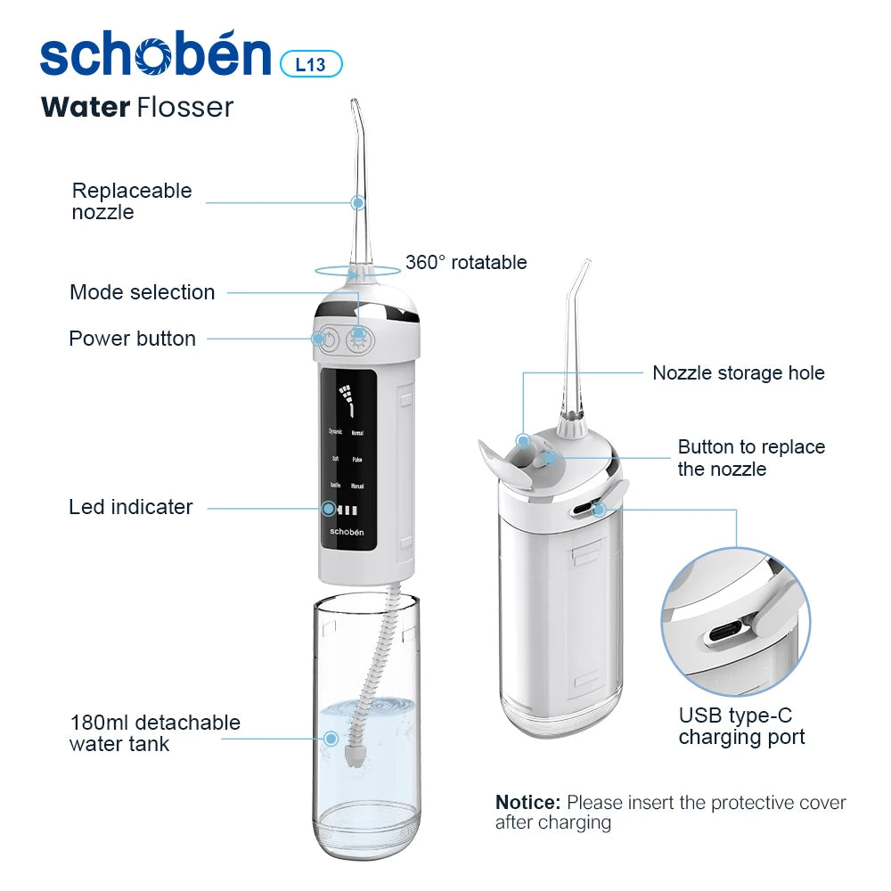 Schoben Water Flossers for Teeth 180ML Oral Irrigator Rechargeable Portable Dental 6 Modes Water Tank Waterproof Teeth Cleaner