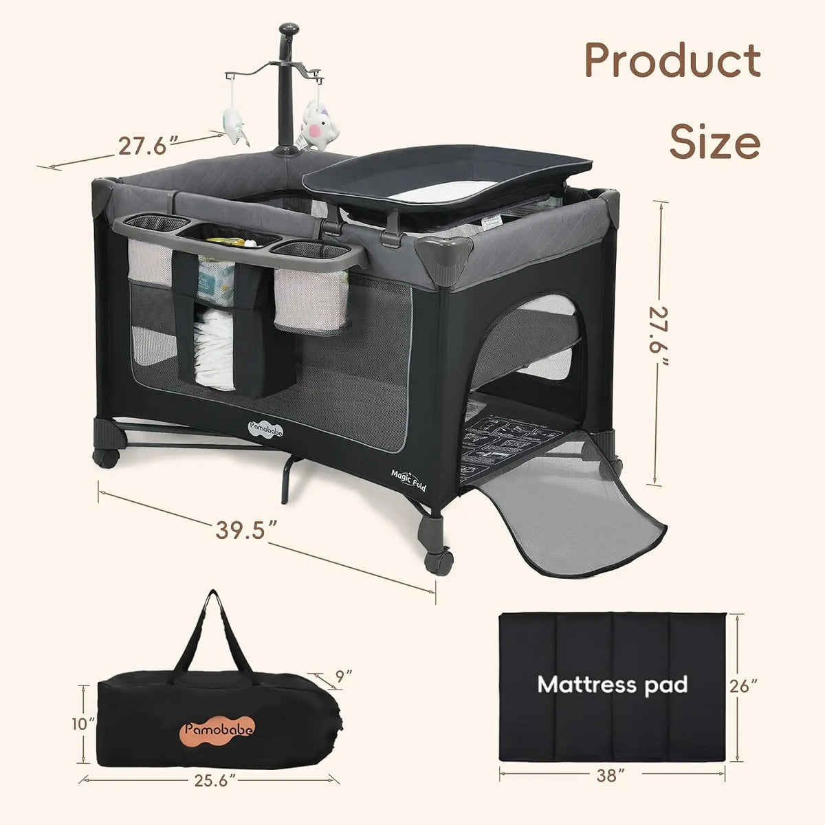 Pamo Babe Magic Fold Pack and Play with Bassinet 1 Step Set Foldable Playards Baby Playard with Changing Table Portable Playpen