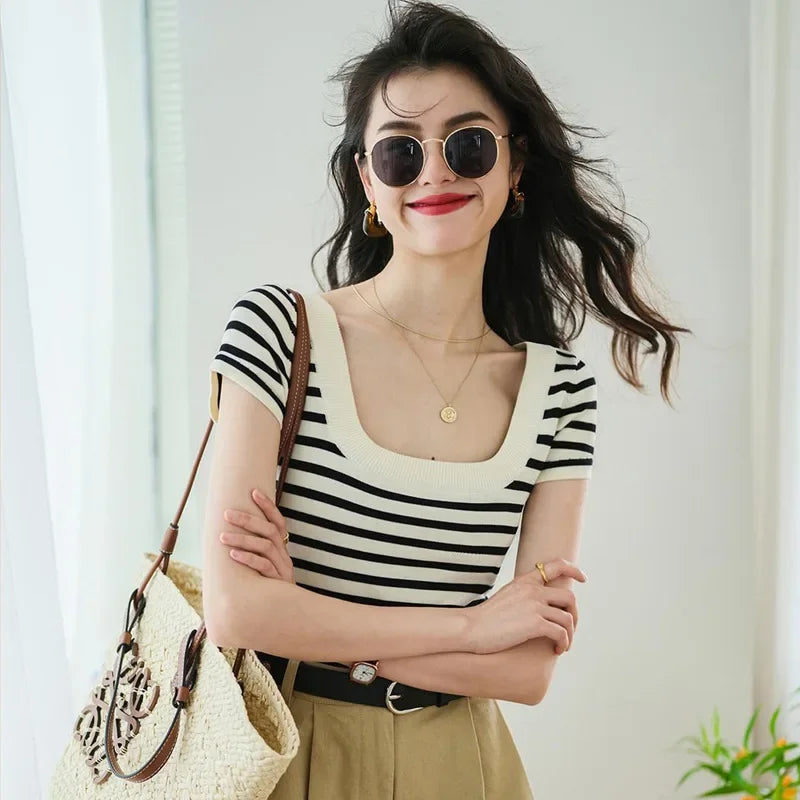 2026 large U-neck striped ice silk knitted short-sleeved T-shirt women's exposed collarbone thin top slim-fitting short