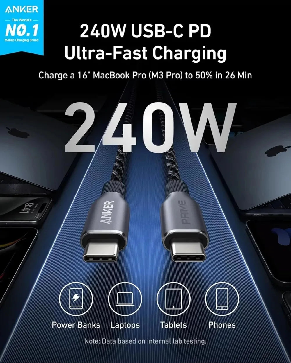 Anker Prime USB C to USB C Cable, 240W 3ft 6ft Fast Charging USB C Cable, Upcycled-Braided Nylon With 100-Year Bend Durability